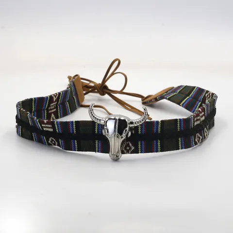 Retro Ethnic Woven Hat Band For Men Women Handmade Faux Leather Cowboy Hat Accessories With 3D Metal Bull Head Rivets Chain