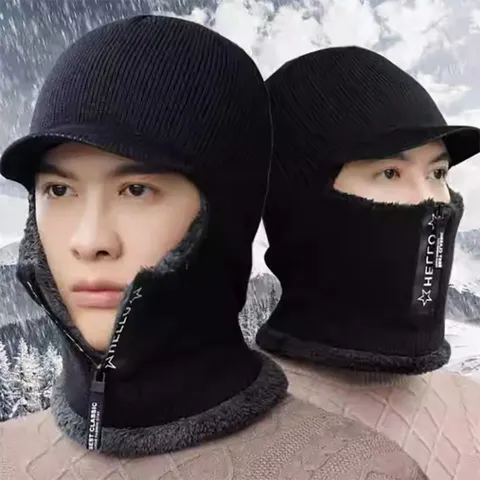 Unisex Winter Fleece Gefüttert Sturmhaube Strickmütze Dicke Warme Mütze Mit Reißverschluss Halswärmer Für Herren Damen