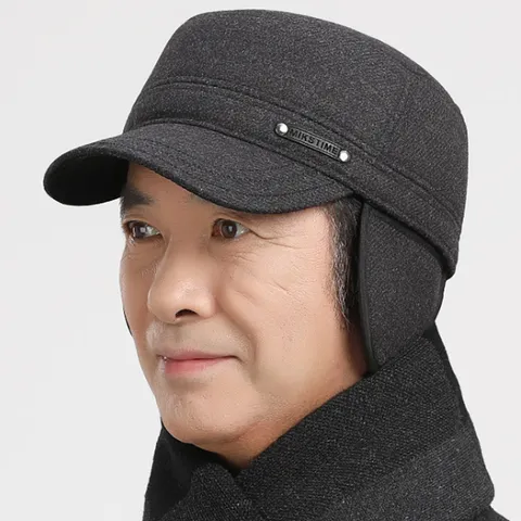 Gorra Plana Cálida de Invierno para Hombre de Mezcla de Algodón y Poliéster con Orejeras Clásica Color Sólido Gorra con Visera Casual para Exteriores