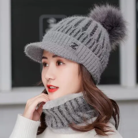 Women Winter Thermal Knit Beanie Hat With Scarf Set Casual Windproof Fleece Lined Ear Protection Outdoor Cycling Cap Pom Pom Decor