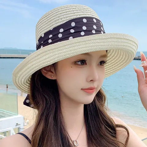 Chapeau de Paille à Pois avec Nœud pour Femme Été Plage Large Bord Protection Solaire Chapeau de Vacances Pliable