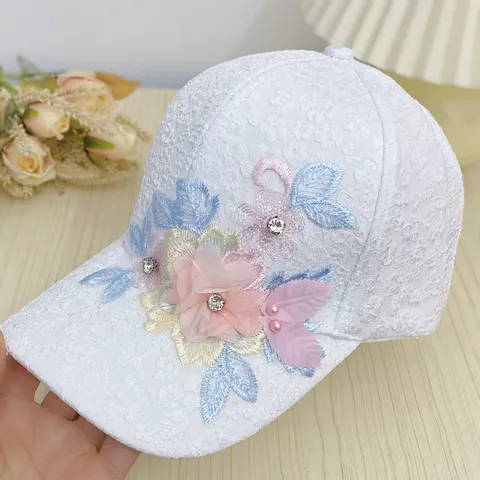 Gorra de Béisbol Elegante de Encaje Floral para Mujer Malla Transpirable Sombrero Parasol Con Flores 3D Bordadas Strass Perlas Visera Curva