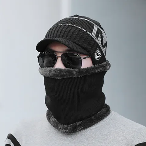 Men Winter Warm Knit Hat Fleece Lined Thick Knitted Beanie Cap With Brim Ear Protection Outdoor Sports Everyday Casual Bonnet