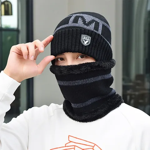 Men Winter Warm Fleece Lined Knit Beanie Hat Thick Thermal Striped Knitted Skull Cap Cold Weather Outdoor Sports Skullies Hat For Youth