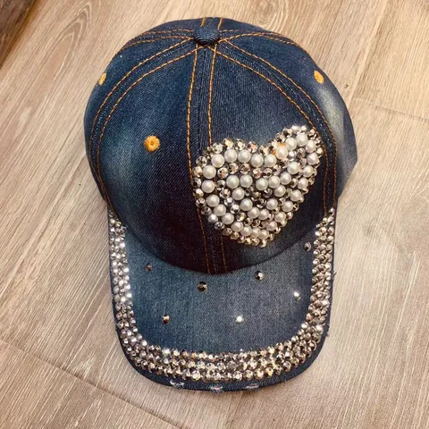 Fashion Washed Denim Look Baseball Cap With Rhinestones Rivets For Men Women Casual Sun Protection Curved Brim Curved Sun Hat