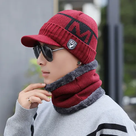 Men Winter Warm Knit Hat Fleece Lined Thick Knitted Beanie Cap With Brim Ear Protection Outdoor Sports Everyday Casual Bonnet