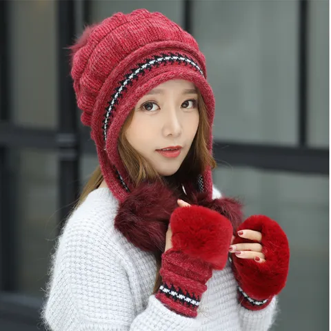 Women Winter Warm Ear Protection Knitted Hat And Faux Fur Gloves Set Thickened Fleece Lined Pom Pom Beanie Hat For Women
