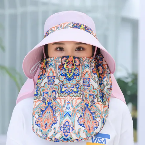 Women Sun Hat Wide Brim UV Protection Summer Cycling Face Neck Cover Mask Outdoor Casual Cotton Polyester Paisley Print Shield Cap