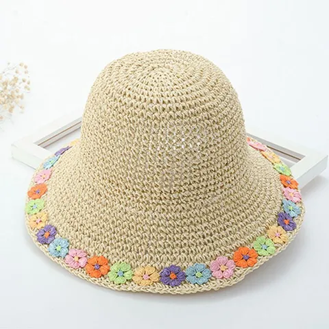Cappello di Paglia di Carta Pieghevole da Donna Con Fiori Colorati all'Uncinetto Protezione Solare Estiva Tesa Larga Cappello da Spiaggia Vacanza