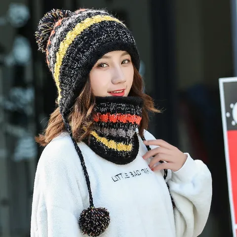 Women Winter Knit Beanie Hat Scarf Set Ear Protection Fleece Lined Warm Pom Pom Cap Outdoor Cycling Mixed Color Yarn Hat