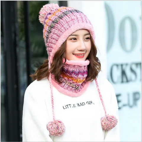 Women Winter Knit Beanie Hat Scarf Set Ear Protection Fleece Lined Warm Pom Pom Cap Outdoor Cycling Mixed Color Yarn Hat