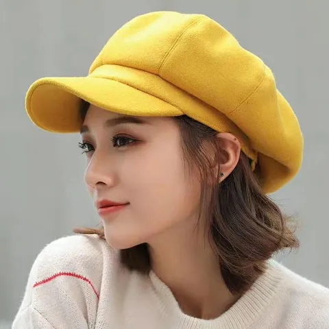 Vintage Woolen Fabric Octagonal Hat For Women Solid Color French Style Warm Newsboy Cap Autumn Winter Beret Hat Casual Painter Cap
