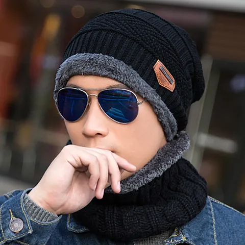 Winter Warm Knit Hat And Scarf Set Fleece Lined Thickened Thermal Beanie Neck Warmer Set For Men Women Outdoor Riding Cold Protection