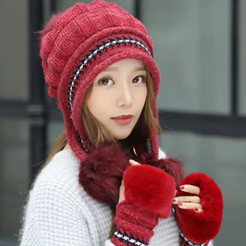 Japanese Cute Polyester Knit Beanie Hat With Ear Protection Plush Pompom Winter Warm Windproof Thickened Ear Flap Cap For Women