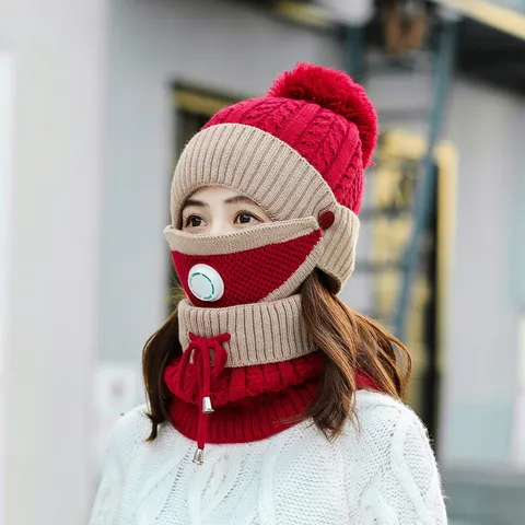 Women Winter Warm Knit Hat Set Windproof Ear Protection Acrylic Pompom Beanie With Breathing Valve Outdoor Cycling Hat