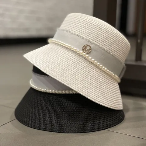 Women Summer Straw Sun Hat Elegant Pearl Rhinestone Bucket Hat Beach Casual Vacation Daily Sun Protection Hat
