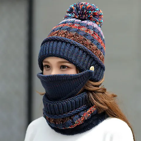 Set Bonnet en Tricot d Acrylique Chaud d Hiver pour Femme Doux Mignon Protection des Oreilles Coupe vent Cyclisme en Plein Air Bonnet Pompon Avec Cache col Masque Set pour Femme
