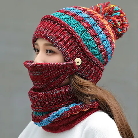 Set Bonnet en Tricot d Acrylique Chaud d Hiver pour Femme Doux Mignon Protection des Oreilles Coupe vent Cyclisme en Plein Air Bonnet Pompon Avec Cache col Masque Set pour Femme
