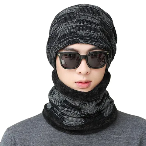 Herren Winter Warm Fleece Gefüttert Strickmütze Und Halswärmer Schal Winddicht Outdoor Radfahren Ohrenschutz Kappe Kariert