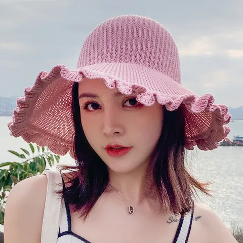 Women Casual Sun Visor Hat Polyester Knit Wide Brim Open Top Sunshade Hat With Bowknot Ruffle Straw Sun Hat For Beach Outdoor