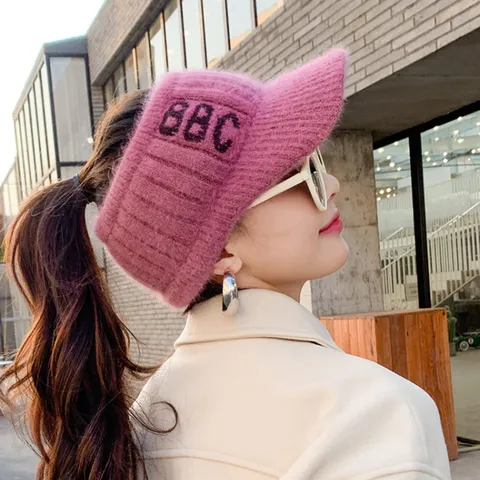 Gorra Sin Top De Tejido De Punto De Acrílico Cálida De Invierno Para Mujer Casual Coleta Letra Diseño Visera Curva Para Al Aire Libre Accesorios Diarios