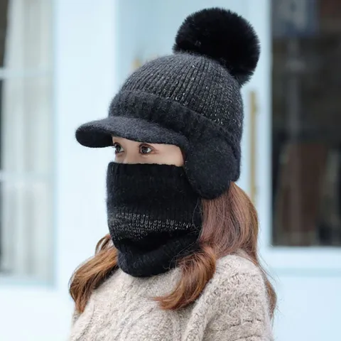 Gorro de Punto Cálido de Invierno para Mujer Gorro Beanie con Protección para los Oídos con Pompón Cortavientos Térmico de Acrílico