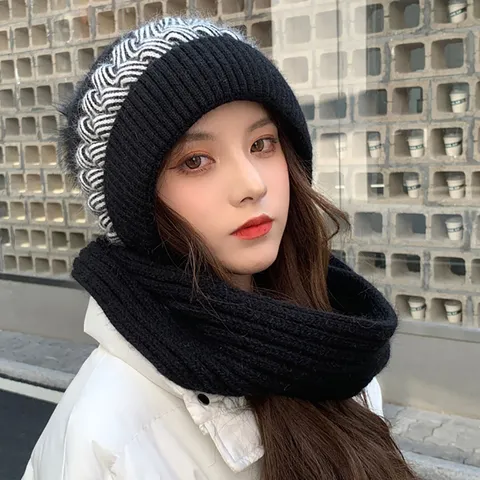 Women Winter Warm Knit Integrated Hooded Scarf Thick Pom-Pom Cable Knitted Balaclava Ear Neck Protection Solid Color Hat