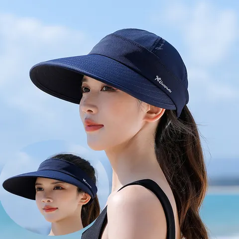 Women Sun Hat Wide Brim UV Protection Empty Top Beach Visor Caps Fashion Cotton Polyester Shading Headwear For Vacation Outdoor