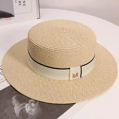 French Vintage Wide Brim Straw Boater Hat For Women Summer Beach Sun Protection Woven Flat Top Flat Top Hat With Letter Decor