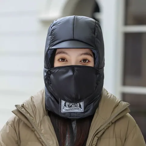Winter Warm Cotton Blend Trapper Hat Soft Fleece Lined Windproof Ear Flap Bomber Hat With Face Mask For Outdoor Ski Cycling Women Men