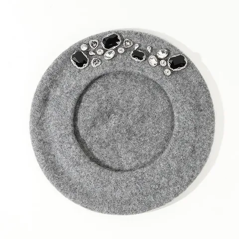 Elegante Effen Kleur Baskenmuts Met Handgemaakte Strassversiering Warme Herfst Winter Ronde Kroon Randlose Muts Voor Dames