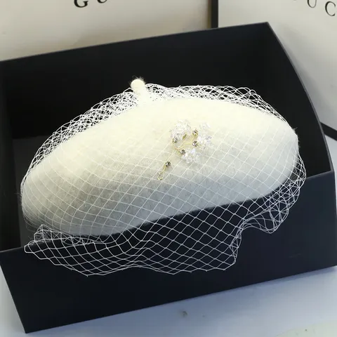 Retro Wool Beret Hat for Women French Elegant Mesh Veil Rhinestone Artificial Pearl Tree Branch Decor Winter Warm Artist Hat