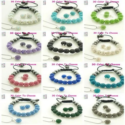 Shamballa Style Jewelry Set Crystal Disco Ball Polymer Clay Pendant Necklace Woven Bracelet Ball Stud Earrings For Women