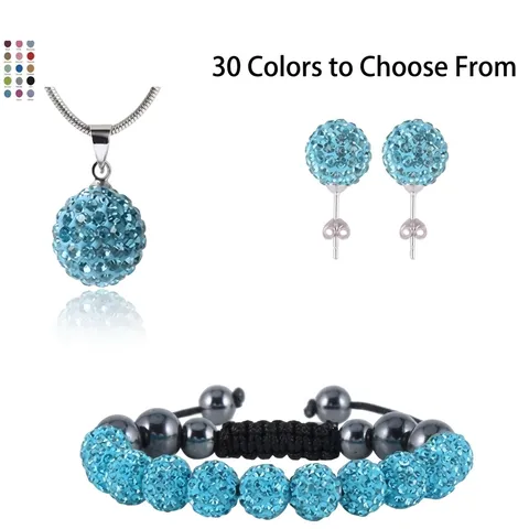 Shamballa Style Jewelry Set Crystal Disco Ball Polymer Clay Pendant Necklace Woven Bracelet Ball Stud Earrings For Women