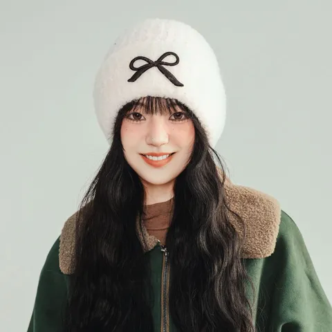Cute Sweet Acrylic Knit Beanie Hat With Three Dimensional Bowknot Accent Warm Windproof Cold Weather Ear Protection Headwear For Women Everyday Outdoors Casual Style