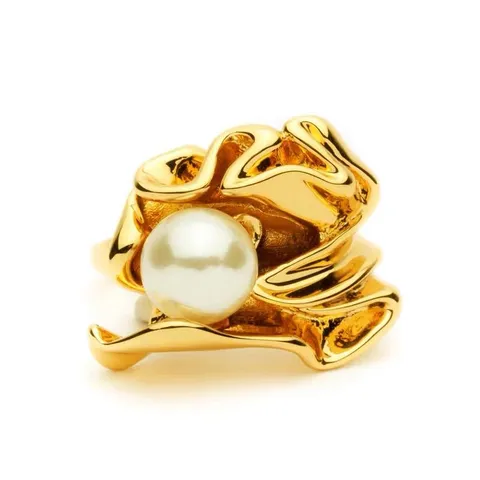Vintage Messing Blume Künstliche Perle Ring Für Damen Vergoldet Knittertextur Designer Stil Persönlichkeit Fingerring Schmuck Geschenk