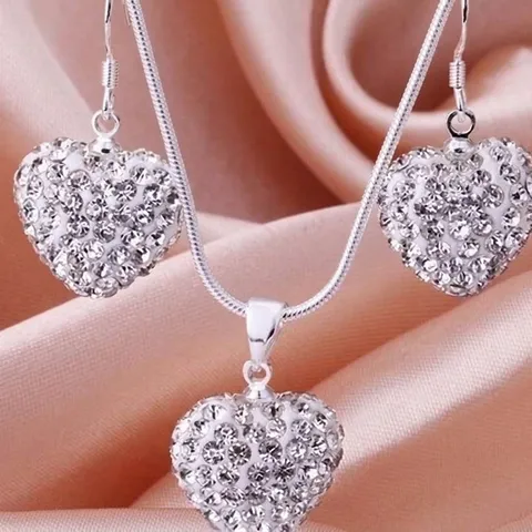 Versilbertes Herz Shamballa Schmuck Halskette Und Ohrringe Für Damen Strass Eingelegter Polymerton Pave Disco Ball Schmuck
