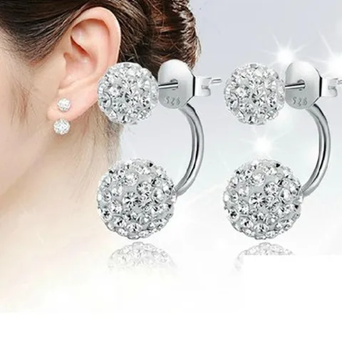 Shamballa Style Pave Rhinestone Double Ball Stud Earrings Alloy Silver Plated Sparkling White Crystal Ear Jacket For Women Fashion Jewelry