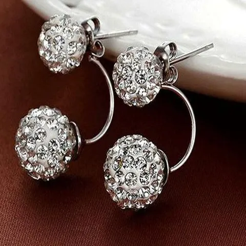 Shamballa Style Double Ball Stud Earrings White Micro Pave Rhinestone Silver Plated Round Bead Jewelry For Women Gift