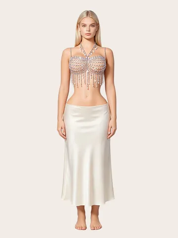 Womens Sexy Acrylic Beaded Body Chain Tassel Halter Chest Ornament Nightclub Party Fashion Body Jewelry