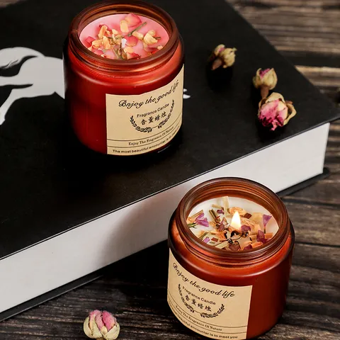 Sojawas Geurkaars Bruine Glazen Pot Aromatherapie Kaars Gedroogde Bloem Langdurige Geur Woondecoratie Cadeau