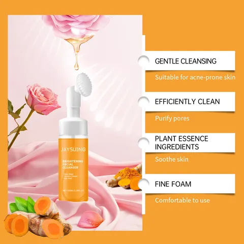 JAYSUING Mousse Nettoyante pour le Visage au Curcuma Nettoyage Profond Doux Nettoyant Purifiant Soin Éclaircissant de la Peau Avec Tête de Brosse