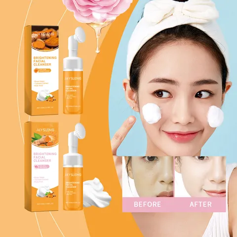 JAYSUING Mousse Nettoyante pour le Visage au Curcuma Nettoyage Profond Doux Nettoyant Purifiant Soin Éclaircissant de la Peau Avec Tête de Brosse