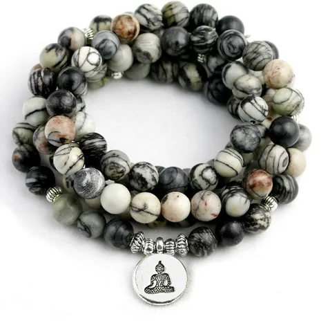 Bracciale Collana con Perline di Preghiera Buddiste in Agata di Pietra Naturale Con Ciondolo Budda Loto in Lega Gioielli