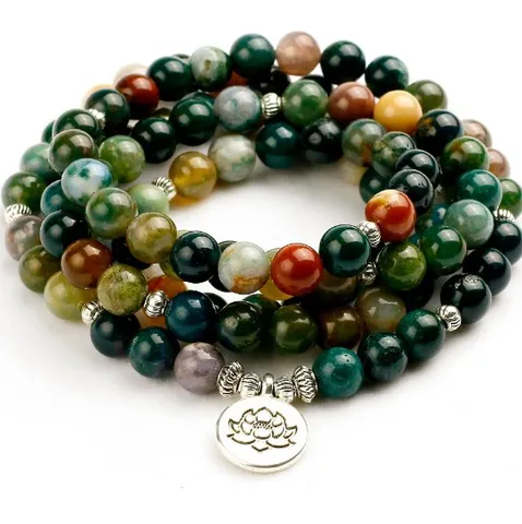 Natuursteen Agaat Kralen 108 Kralen Mala Armband Ketting Met Legering Lotus Buddha OM Bedel Yoga Sieraden Cadeau