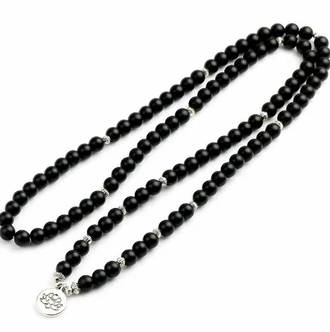 Bracciale Collana di Perle di Preghiera Buddiste in Agata Nera Naturale Con Ciondolo Loto Buddha in Lega Gioielli Moda Unisex
