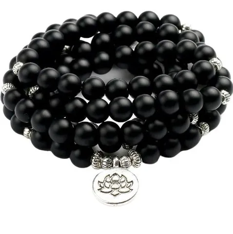 Bracciale Collana di Perle di Preghiera Buddiste in Agata Nera Naturale Con Ciondolo Loto Buddha in Lega Gioielli Moda Unisex