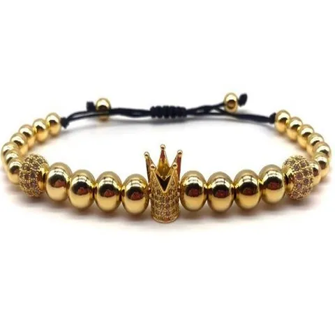 Mens Crown Beaded Bracelet Alloy Copper Bead Rhinestone Woven Adjustable Hand Chain Fashion Jewelry Gift
