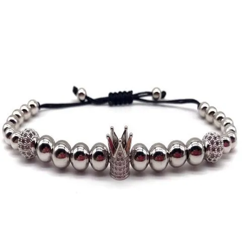 Mens Crown Beaded Bracelet Alloy Copper Bead Rhinestone Woven Adjustable Hand Chain Fashion Jewelry Gift