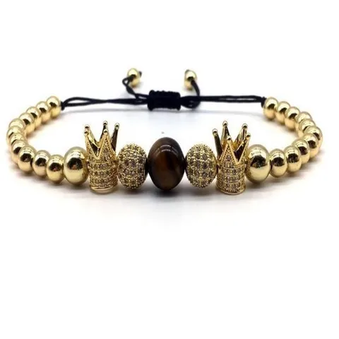 Mens Crown Tiger Eye Stone Beaded Bracelet Micro Inlaid Zircon Alloy Charm Braided Adjustable Fashion Jewelry Gift